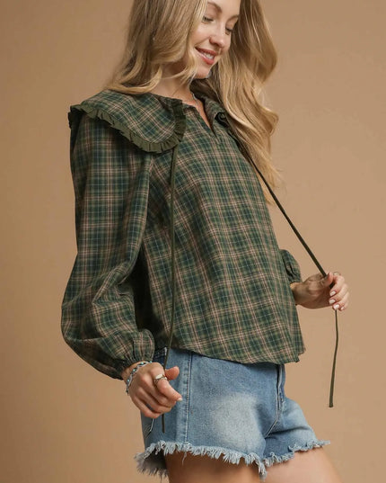 Umgee Full Size Plaid Ruffle Collar Blouse Plus Size - Sleekdenim.com