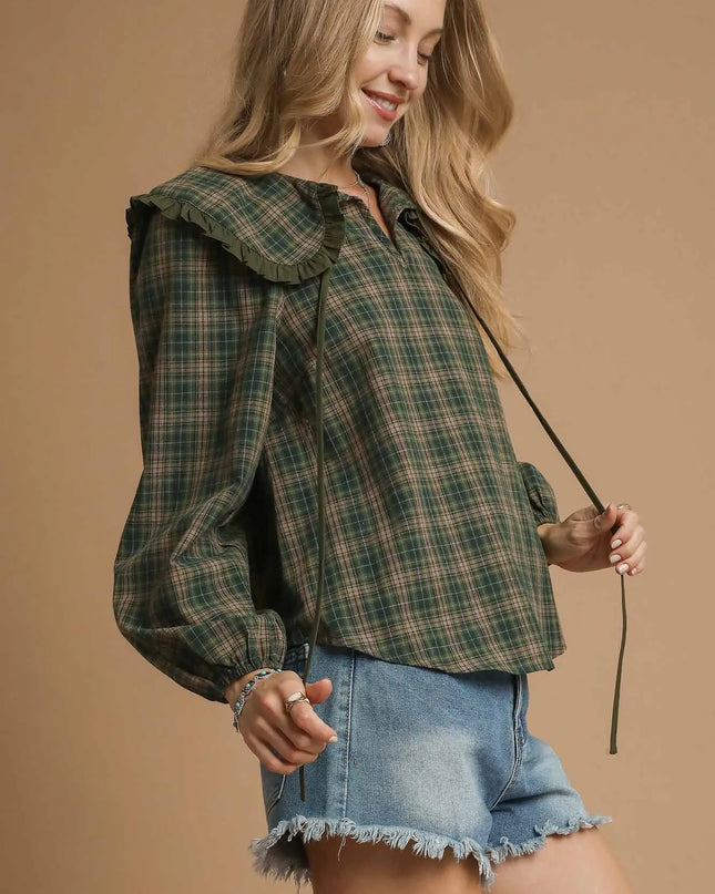Umgee Full Size Plaid Ruffle Collar Blouse Plus Size - Sleekdenim.com