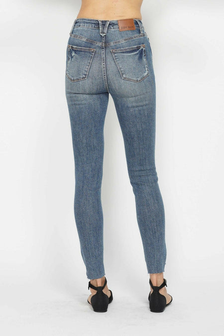 Judy Blue Full Size Tummy Control Vintage Wash Hem Destroy Skinny Jeans | Sleekdenim.com