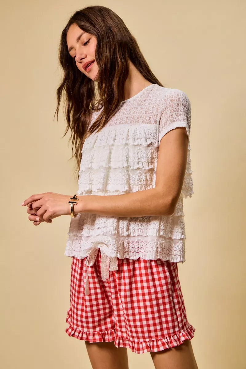 SO ME Ruffle Tiered Stretch Lace Short Sleeves Knit Top - Sleekdenim.com