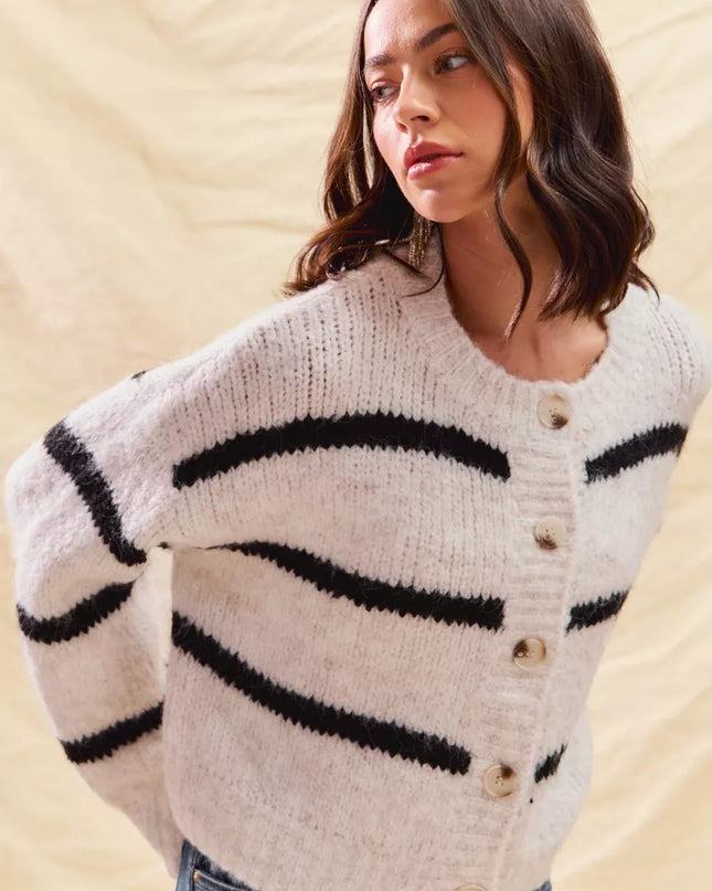 SO ME Stripe Soft Touch Button Cozy Sweater Cardigan - Sleekdenim.com
