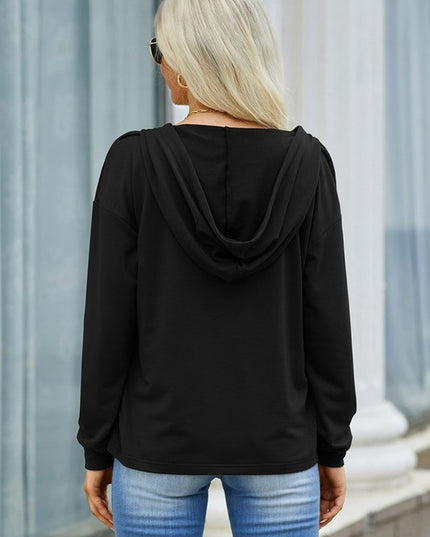 Solid Lace Trim Long Sleeve Loose Hoodie - Sleekdenim.com