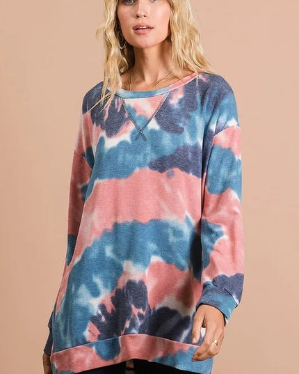 BiBi Tie Dye French Terry Pull Over with Front Stitching Detail - Sleekdenim.com