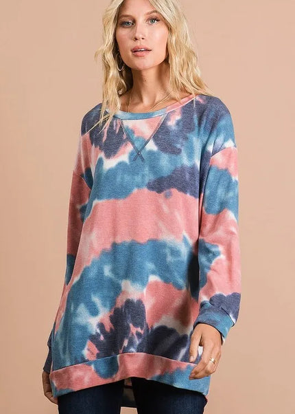BiBi Tie Dye French Terry Pull Over with Front Stitching Detail - Sleekdenim.com