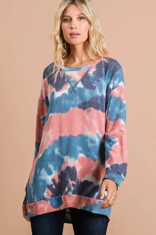BiBi Tie Dye French Terry Pull Over with Front Stitching Detail - Sleekdenim.com