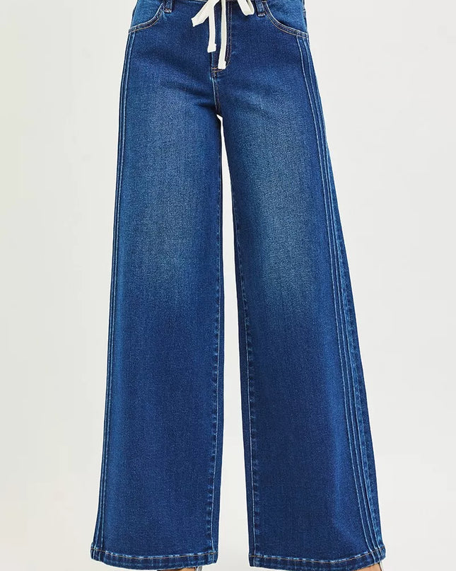 RISEN Full Size Mid Rise Wide Side Pintuck Jeans with Front Drawstring Plus Size - Sleekdenim.com