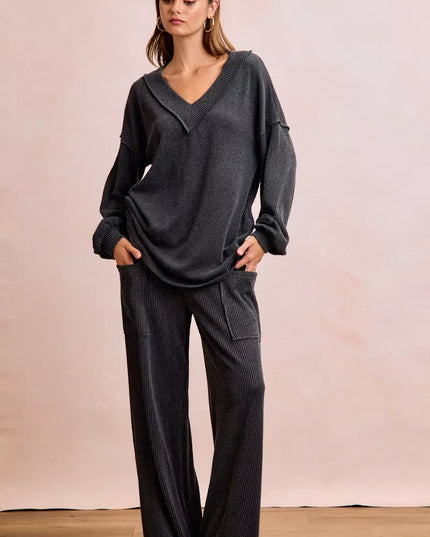 BiBi Two Tone Cord Rib Contrast Stitching V-Neck Top and Pants Set - Sleekdenim.com