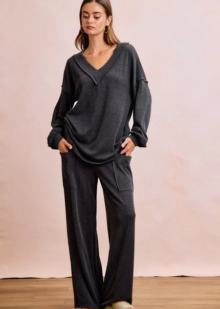 BiBi Two Tone Cord Rib Contrast Stitching V-Neck Top and Pants Set - Sleekdenim.com