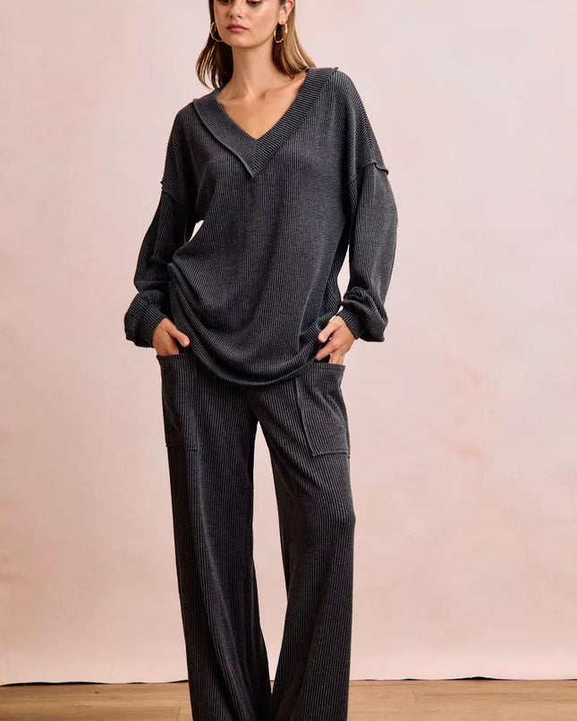 BiBi Two Tone Cord Rib Contrast Stitching V-Neck Top and Pants Set - Sleekdenim.com