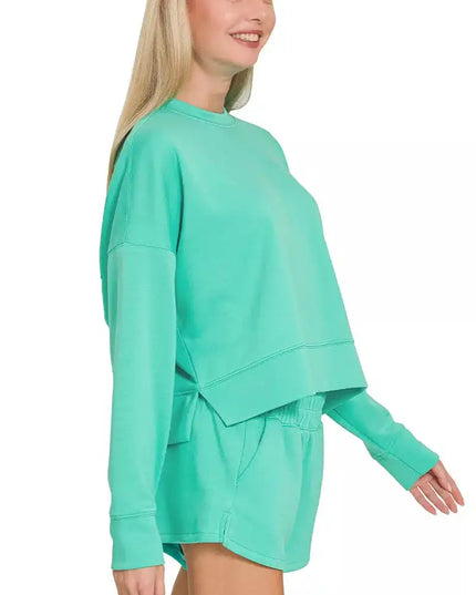 Zenana Scuba Long Sleeve Sweatshirts & Shorts Set - Sleekdenim.com