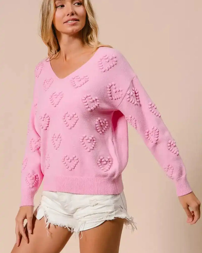 BiBi Valentines Heart Pompom V Neck Knit Top - Sleekdenim.com