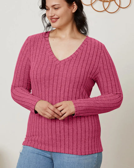 Basic Bae Full Size Ribbed V-Neck Long Sleeve T-Shirt - Sleekdenim.com