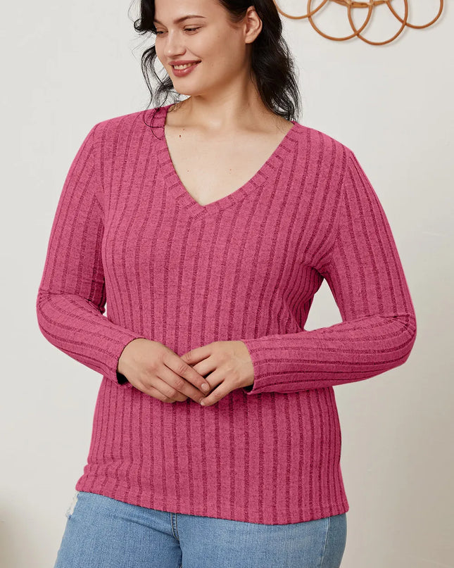 Basic Bae Full Size Ribbed V-Neck Long Sleeve T-Shirt - Sleekdenim.com
