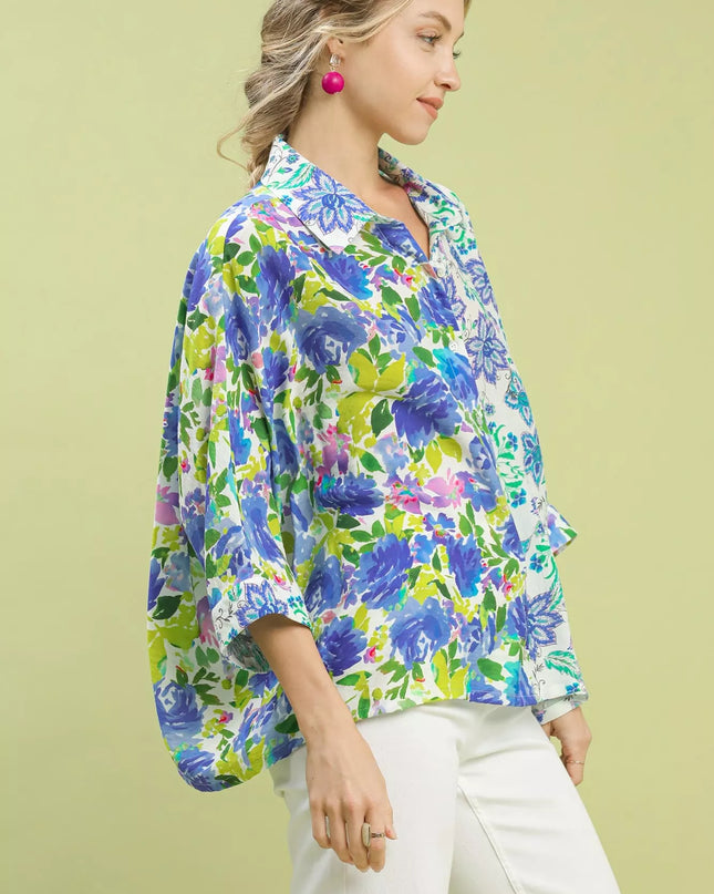 Umgee Mixed Floral Oversized Button Down Shirt - Sleekdenim.com