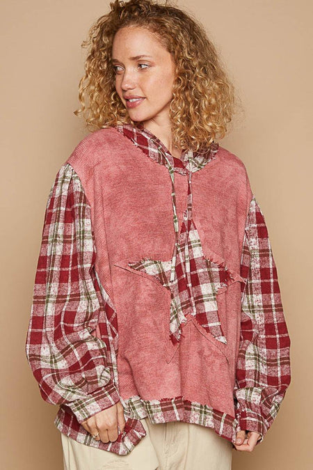 POL Star Patch Plaid Long Sleeve Hooded Top | Sleekdenim.com