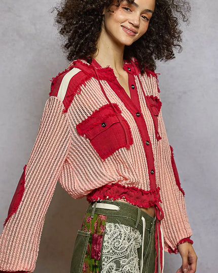 POL Texture Woven Button Down Hooded Shirt with Drawstring Hem - Sleekdenim.com