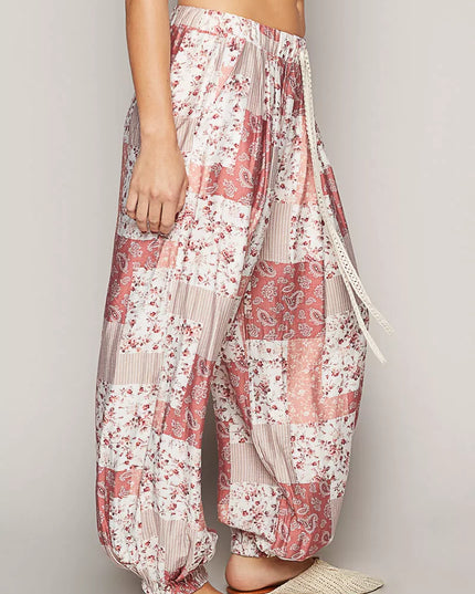 POL Drawstring Floral Patchwork Wide leg Pants - Sleekdenim.com