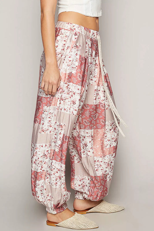 POL Drawstring Floral Patchwork Wide leg Pants - Sleekdenim.com