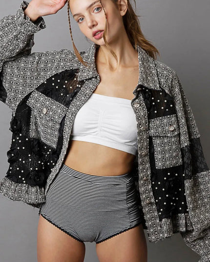 POL Eyelet Flower Pearl Detail Lace Patchwork Shirt - Sleekdenim.com