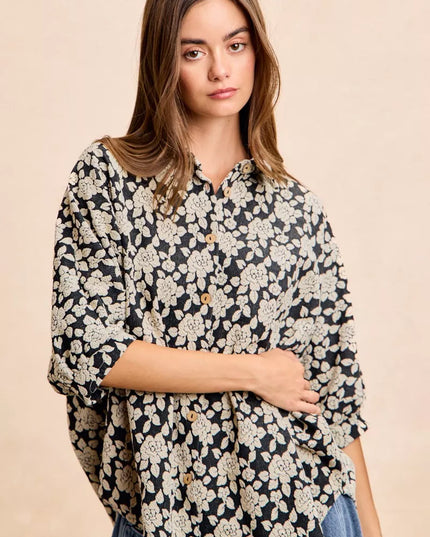 BiBi Floral Jacquard Short Dolman Sleeves Shirt - Sleekdenim.com