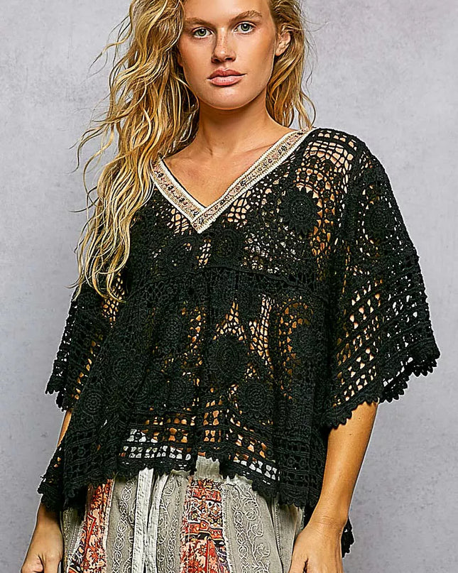 POL V-Neck Crochet Top with Scalloped Hem - Sleekdenim.com