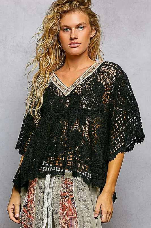 POL V-Neck Crochet Top with Scalloped Hem - Sleekdenim.com