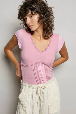 POL V-Neck Lightweight Textured Short Sleeve Knit Top with Lace Trim - Image 3