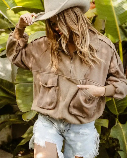 BiBi Half Zip Vintage Washed Fleece Pullover - Sleekdenim.com