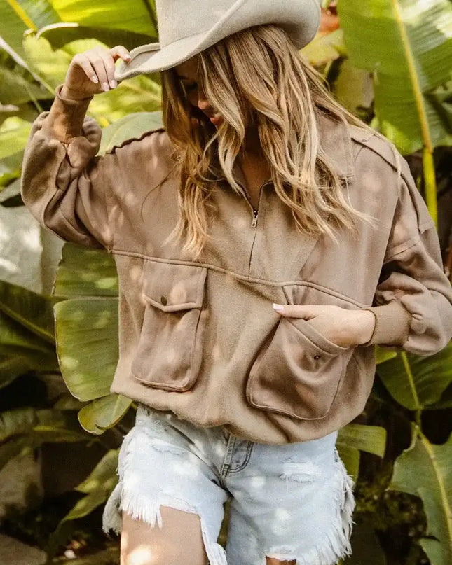 BiBi Half Zip Vintage Washed Fleece Pullover - Sleekdenim.com