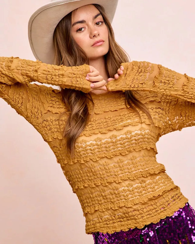 BiBi Ruffles Detail Mardi Gras Color Flower Lace Top - Sleekdenim.com