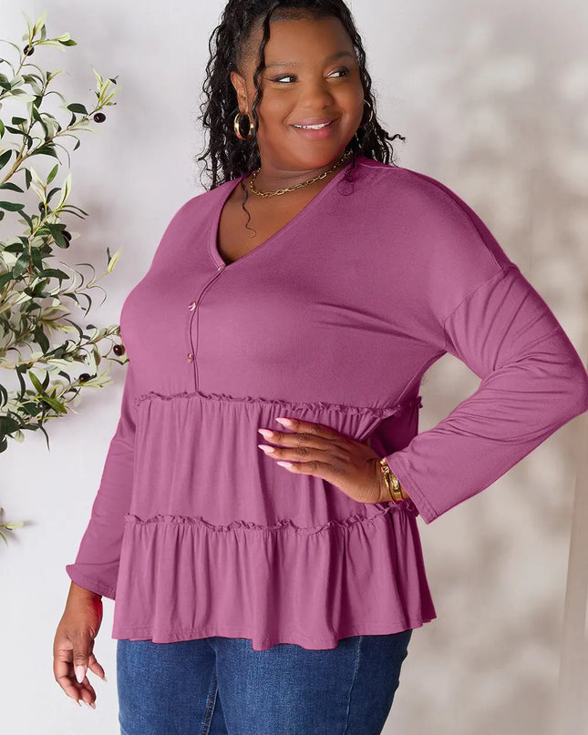 Double Take Half Button Long Sleeve Ruffle Hem Blouse - Sleekdenim.com