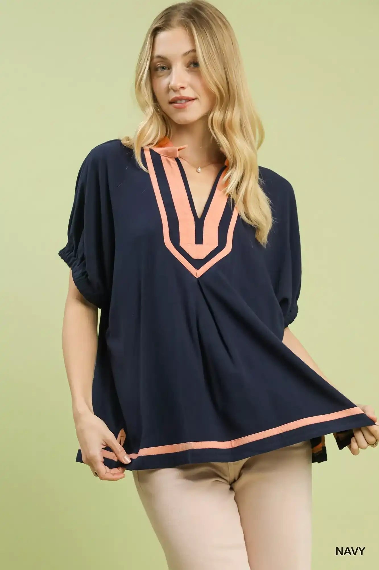 Umgee Linen Contrast Trim V-Neck Blouse - Sleekdenim.com