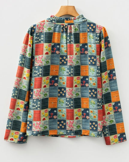 Floral Half Placket Collared V-Neck Blouse - Sleekdenim.com