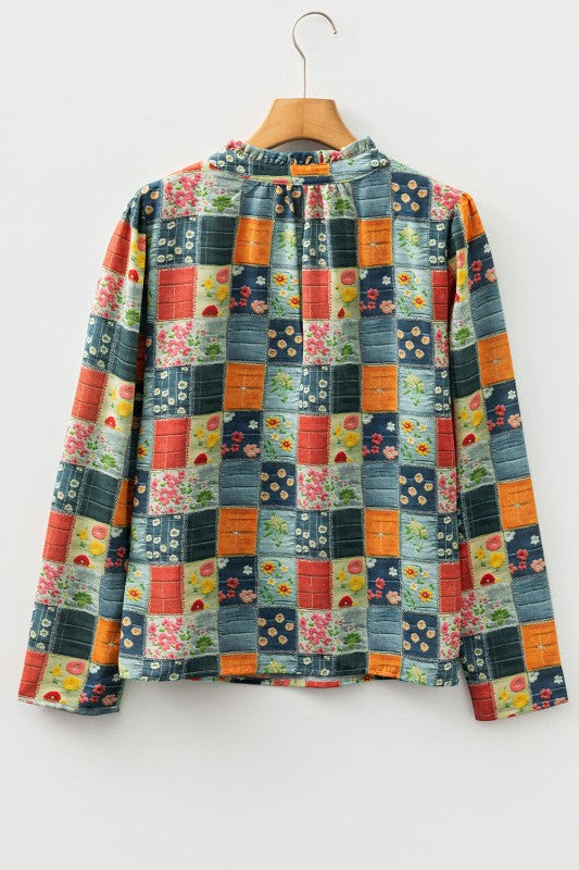 Floral Half Placket Collared V-Neck Blouse - Sleekdenim.com