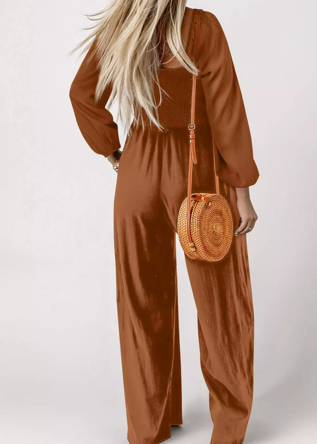 Boho Smocked Square Neck Wide Leg Jumpsuit - Sleekdenim.com