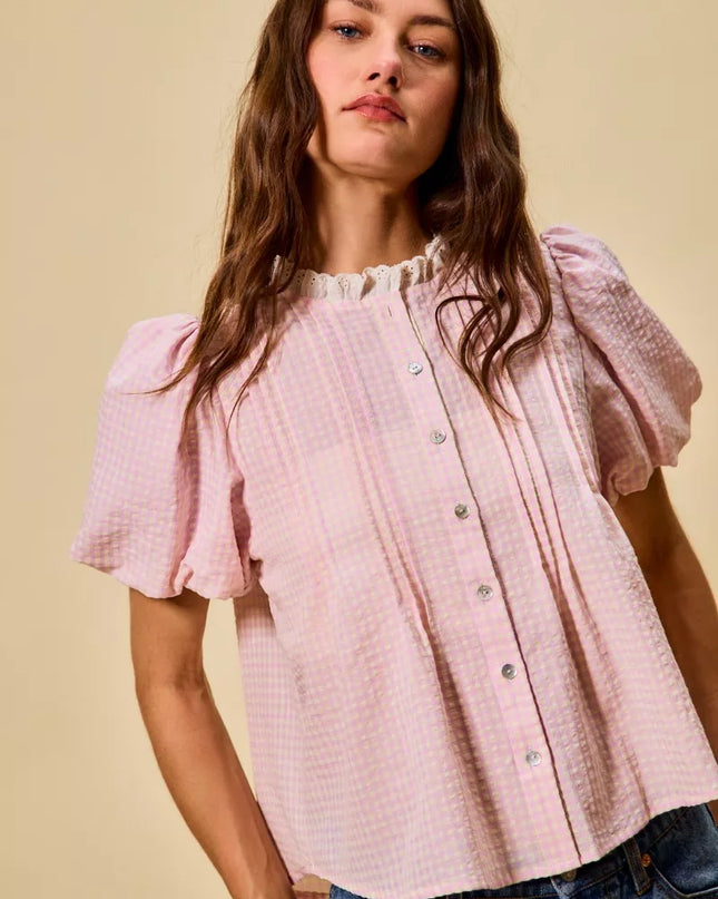 SO ME Gingham Lace Trim Button Bubble Sleeves Blouse - Sleekdenim.com