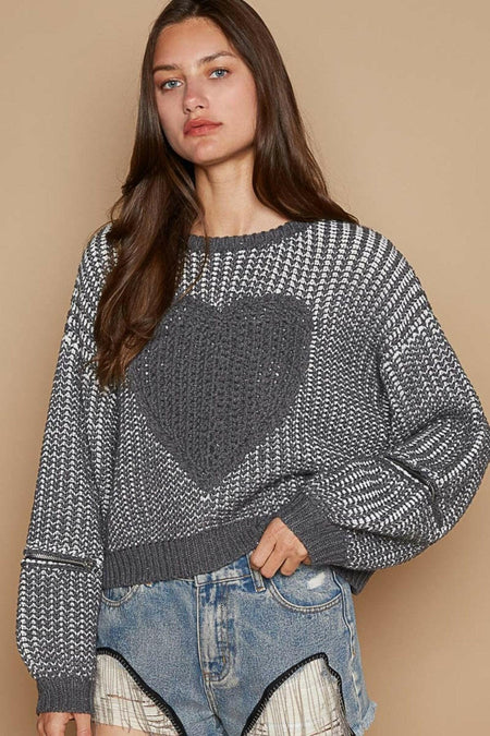 POL Round Neck Heart Patch Zipper Point Sleeve Sweater | Sleekdenim.com