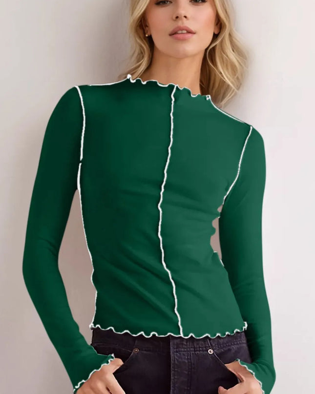 Basic Bae Contrast Trim Mock Neck Long Sleeve T-Shirt - Sleekdenim.com