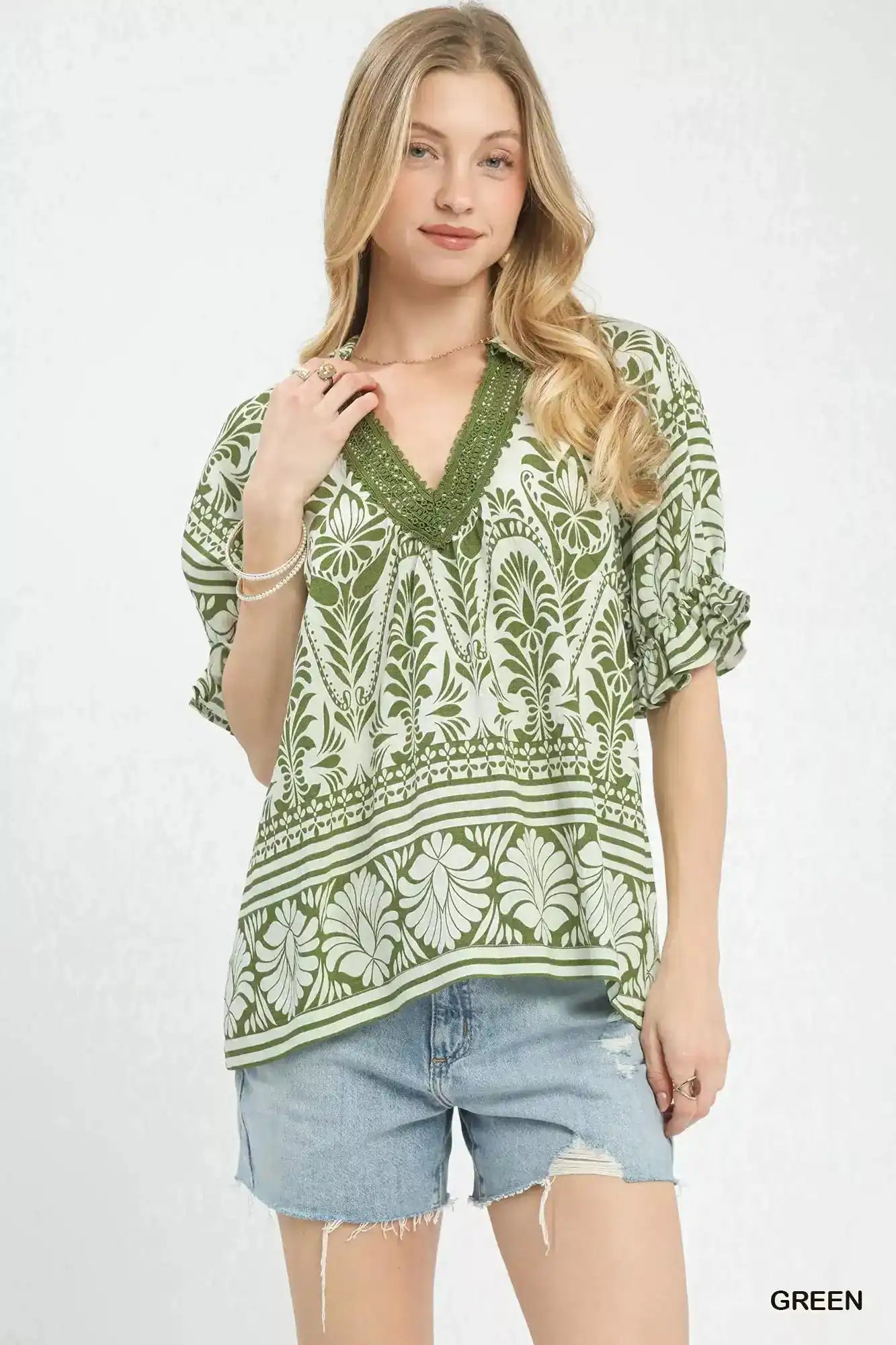 Umgee Two Tone Boarder Print Top