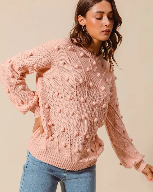 SO ME Pom Pom Textured Knit Sweater Top - Sleekdenim.com