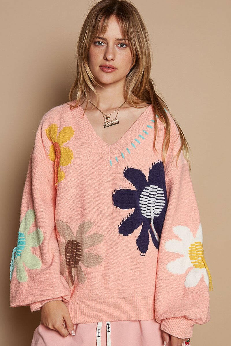 POL V-Neck Long Sleeve Flower Fringe Sweater | Sleekdenim.com