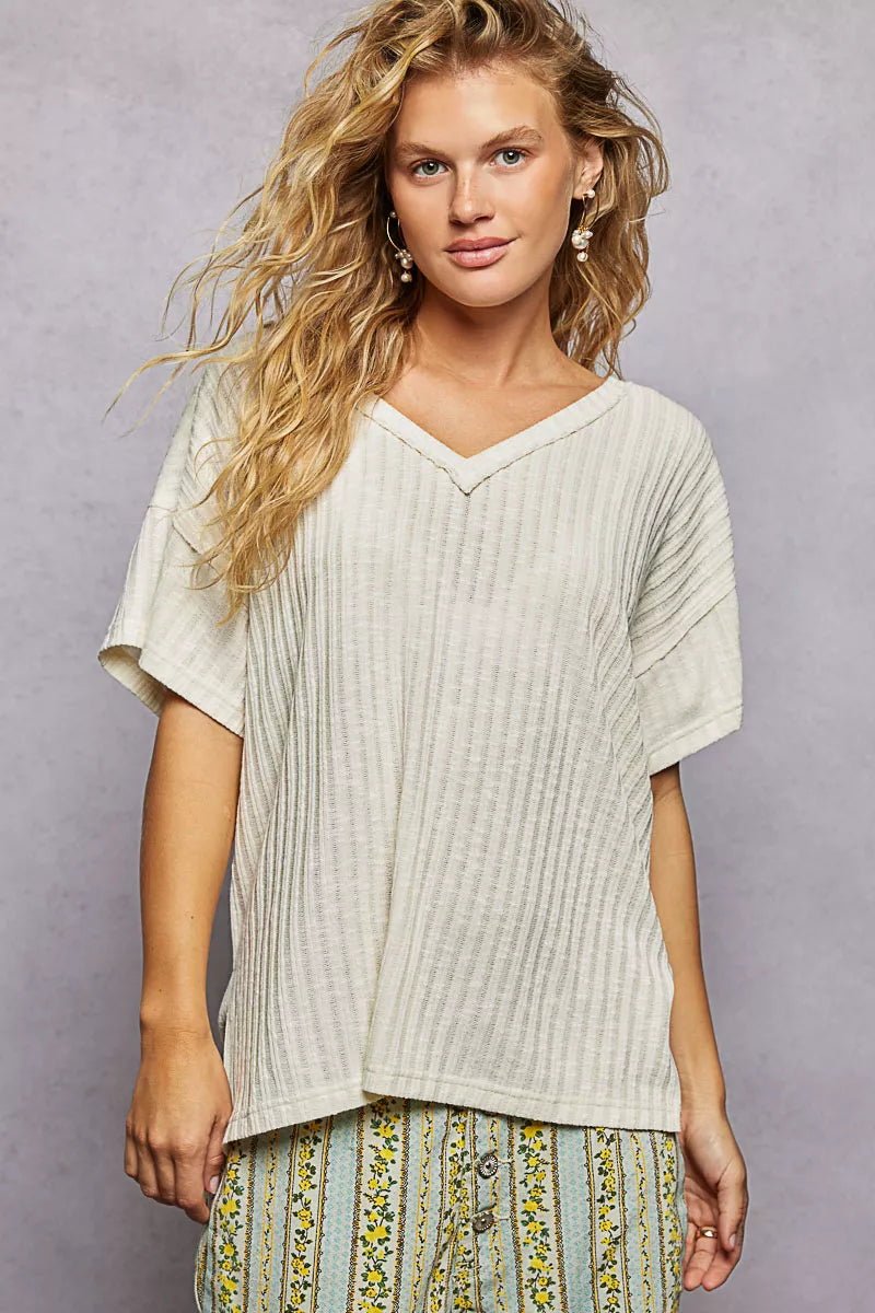 POL Ribbed Knit V-Neck Short Sleeve T-Shirt with Side Slit - Sleekdenim.com