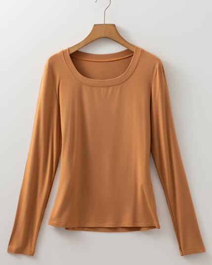 Solid Scoop Neck Long Sleeve Top - Sleekdenim.com
