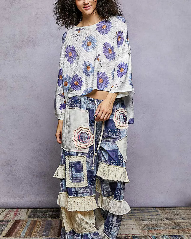 POL Floral Round Neck Rolling Edge Sweater - Sleekdenim.com