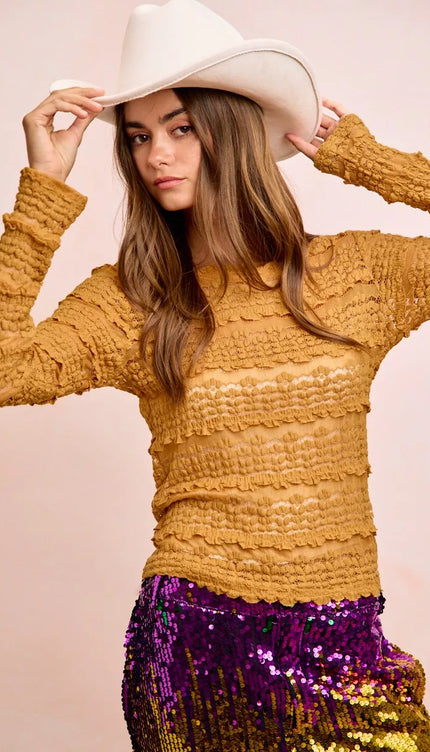 BiBi Ruffles Detail Mardi Gras Color Flower Lace Top - 6