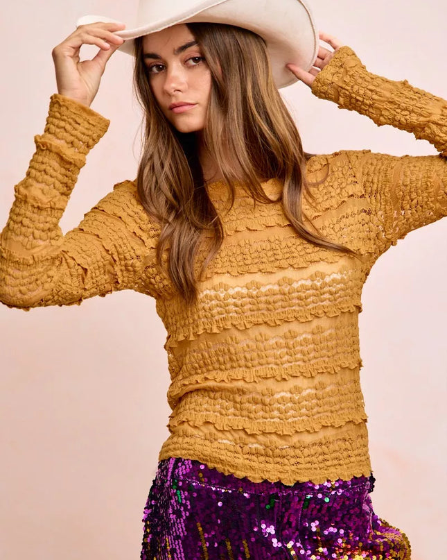 BiBi Ruffles Detail Mardi Gras Color Flower Lace Top - Sleekdenim.com