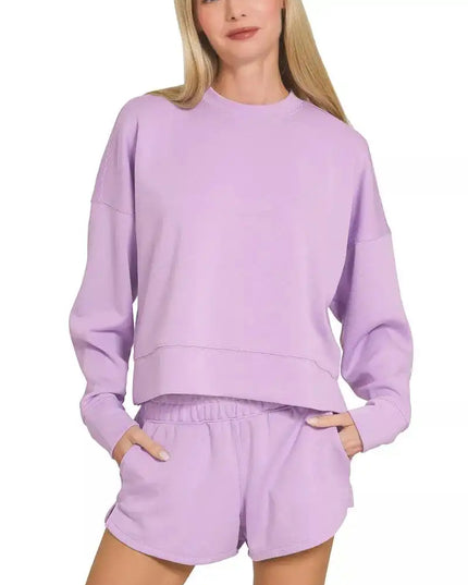 Zenana Scuba Long Sleeve Sweatshirts & Shorts Set - Sleekdenim.com