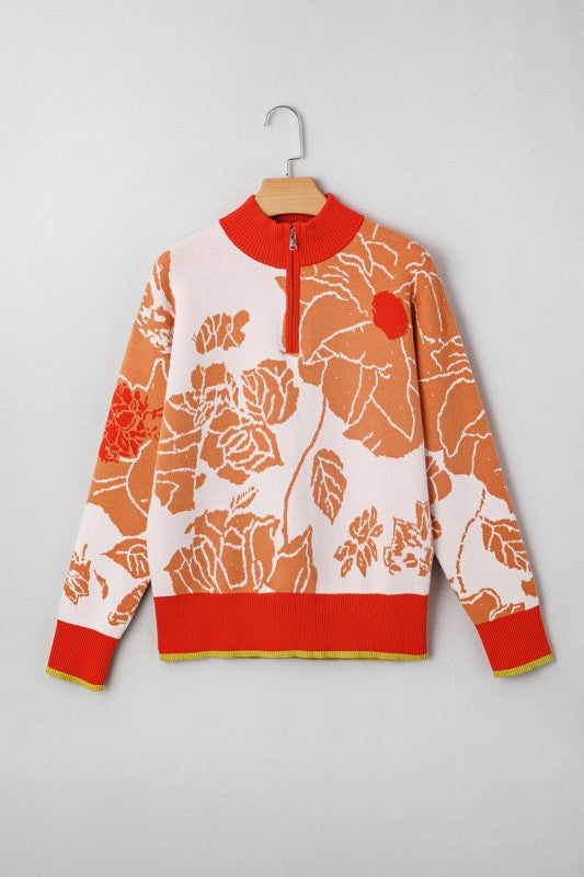 Floral Half Zip Collared Pullover Sweater - Sleekdenim.com