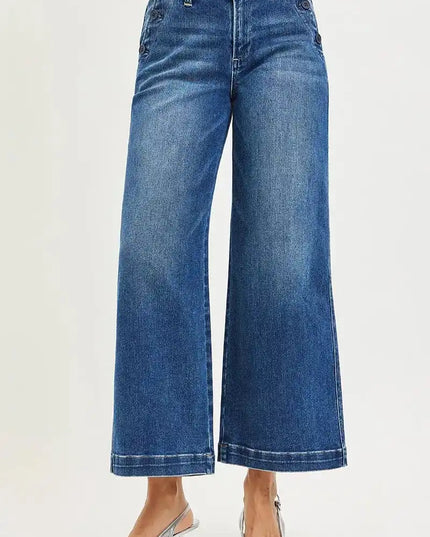 RISEN High Rise Wide Leg Jeans With Pocket Button Detail - Sleekdenim.com