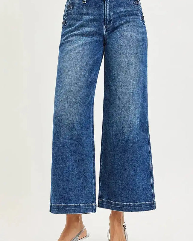 RISEN High Rise Wide Leg Jeans With Pocket Button Detail - Sleekdenim.com